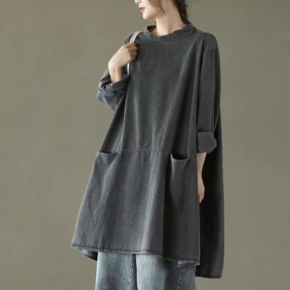 Black Gray Round Neck Pocket Denim Maxi Dress Long Sleeve
