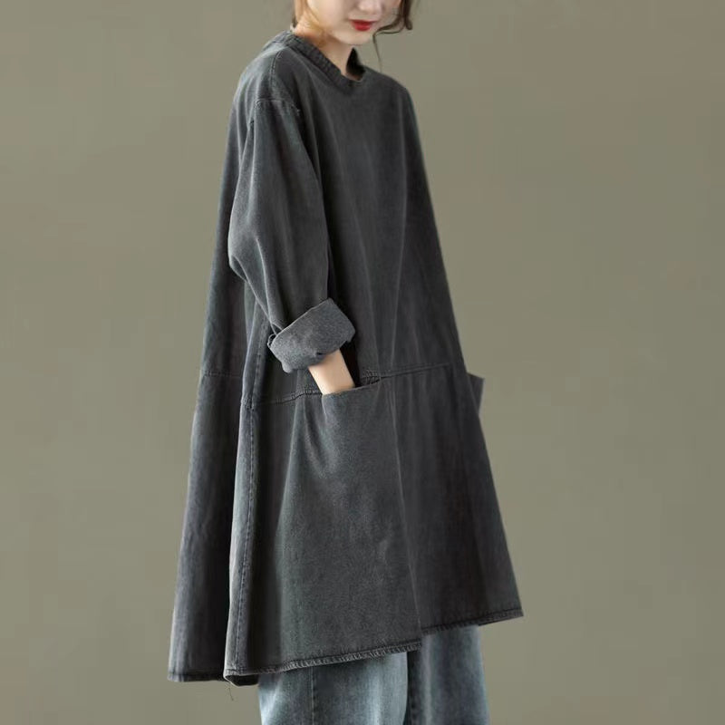 Black Gray Round Neck Pocket Denim Maxi Dress Long Sleeve