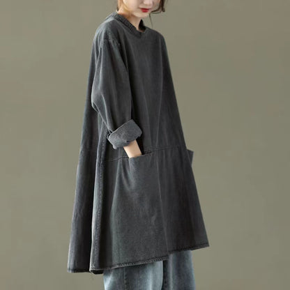 Black Gray Round Neck Pocket Denim Maxi Dress Long Sleeve