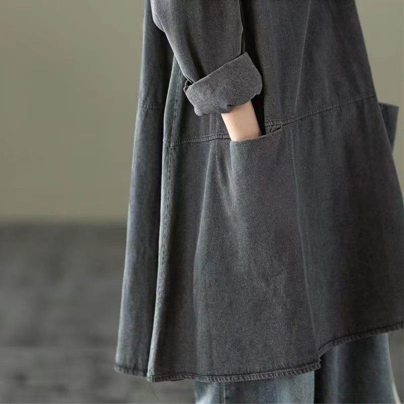 Black Gray Round Neck Pocket Denim Maxi Dress Long Sleeve