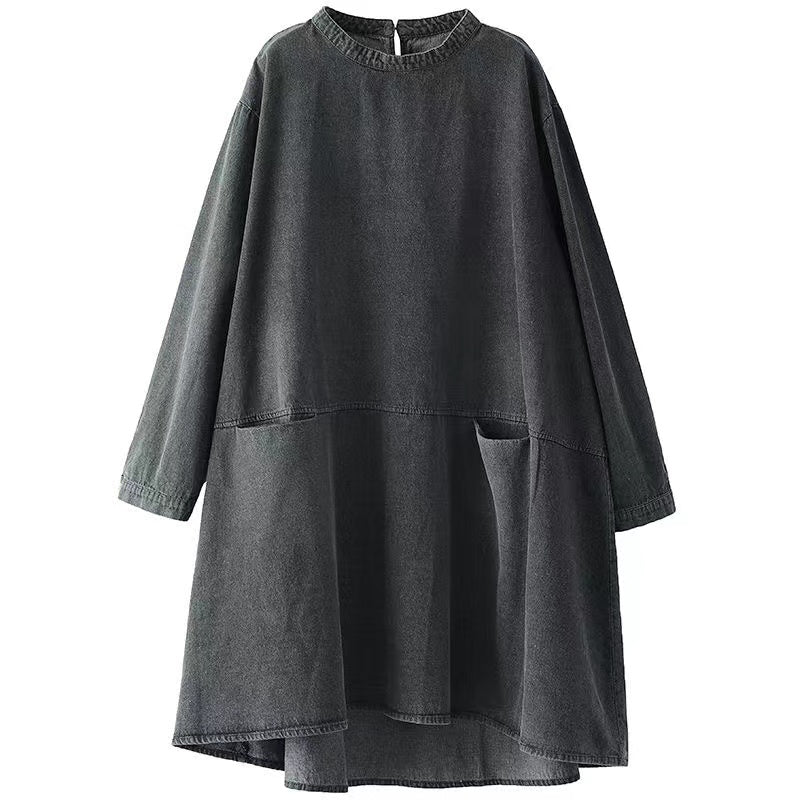 Black Gray Round Neck Pocket Denim Maxi Dress Long Sleeve