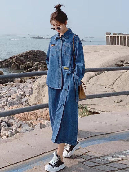 Loose Blue Asymmetric Design Denim Long Sleeve Long Dresses