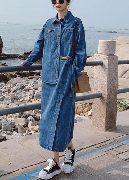 Loose Blue Asymmetric Design Denim Long Sleeve Long Dresses