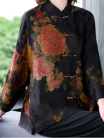 Vintage Elegant Printed Silk Long Sleeve Cardigan Top