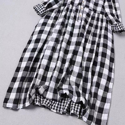 Black and White Large Check Double Layer Long Sleeve Dress