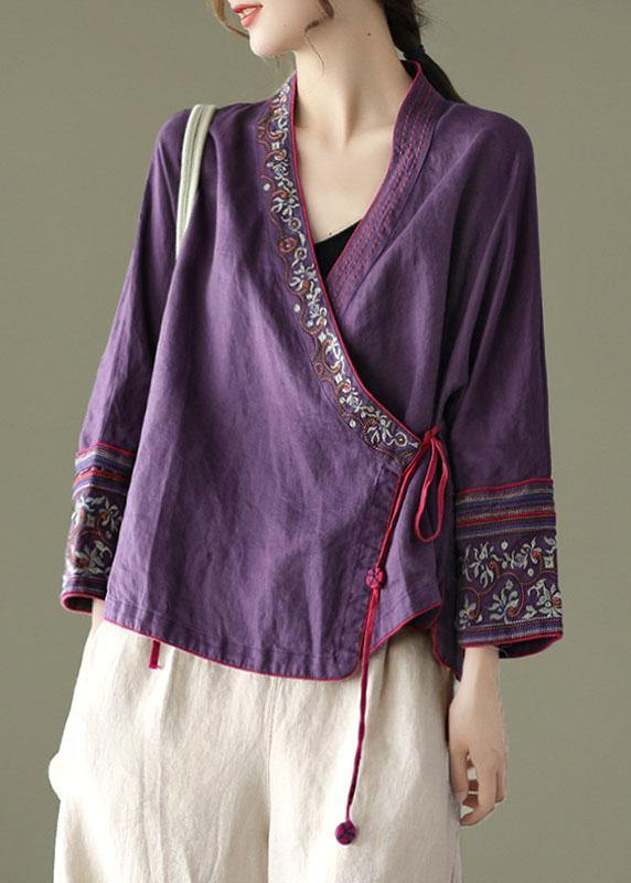 Women's Embroidered Long Sleeve Linen Tie Shirt