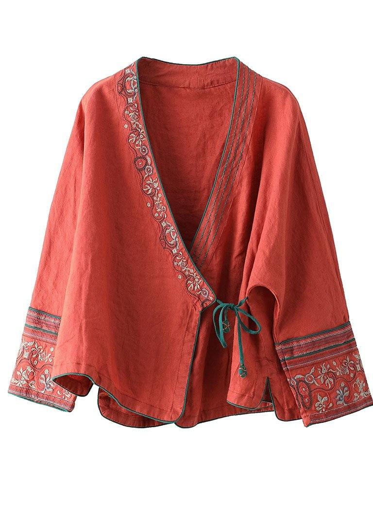 Women's Embroidered Long Sleeve Linen Tie Shirt