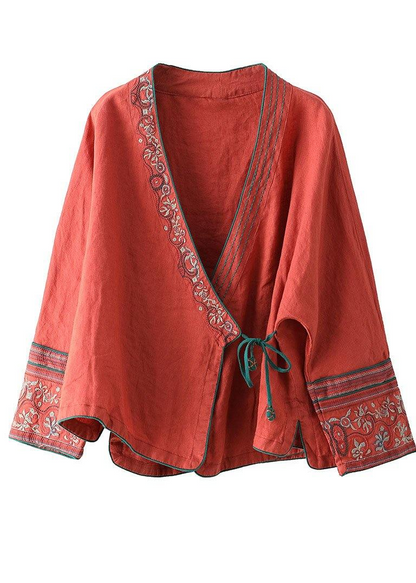 Women's Embroidered Long Sleeve Linen Tie Shirt