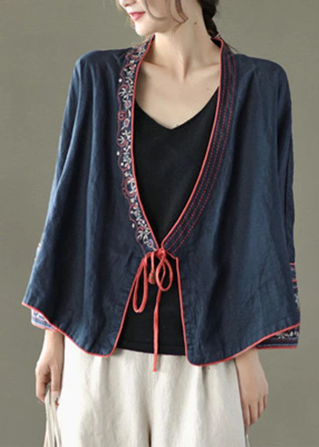 Women's Embroidered Long Sleeve Linen Tie Shirt