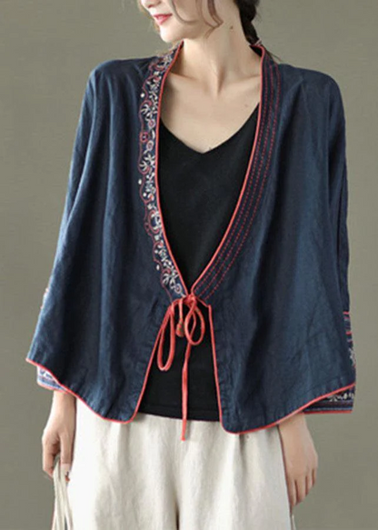 Women's Embroidered Long Sleeve Linen Tie Shirt