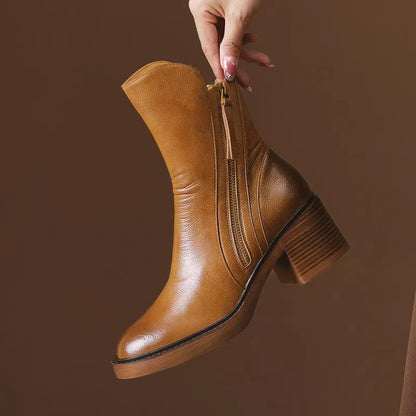 Cowhide Patchwork Color Zipper Boots