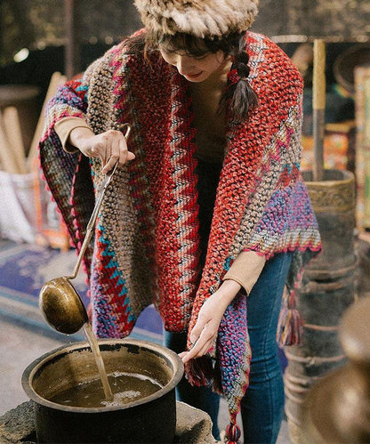 Knitted Shawl With Tassel And Colour Matching