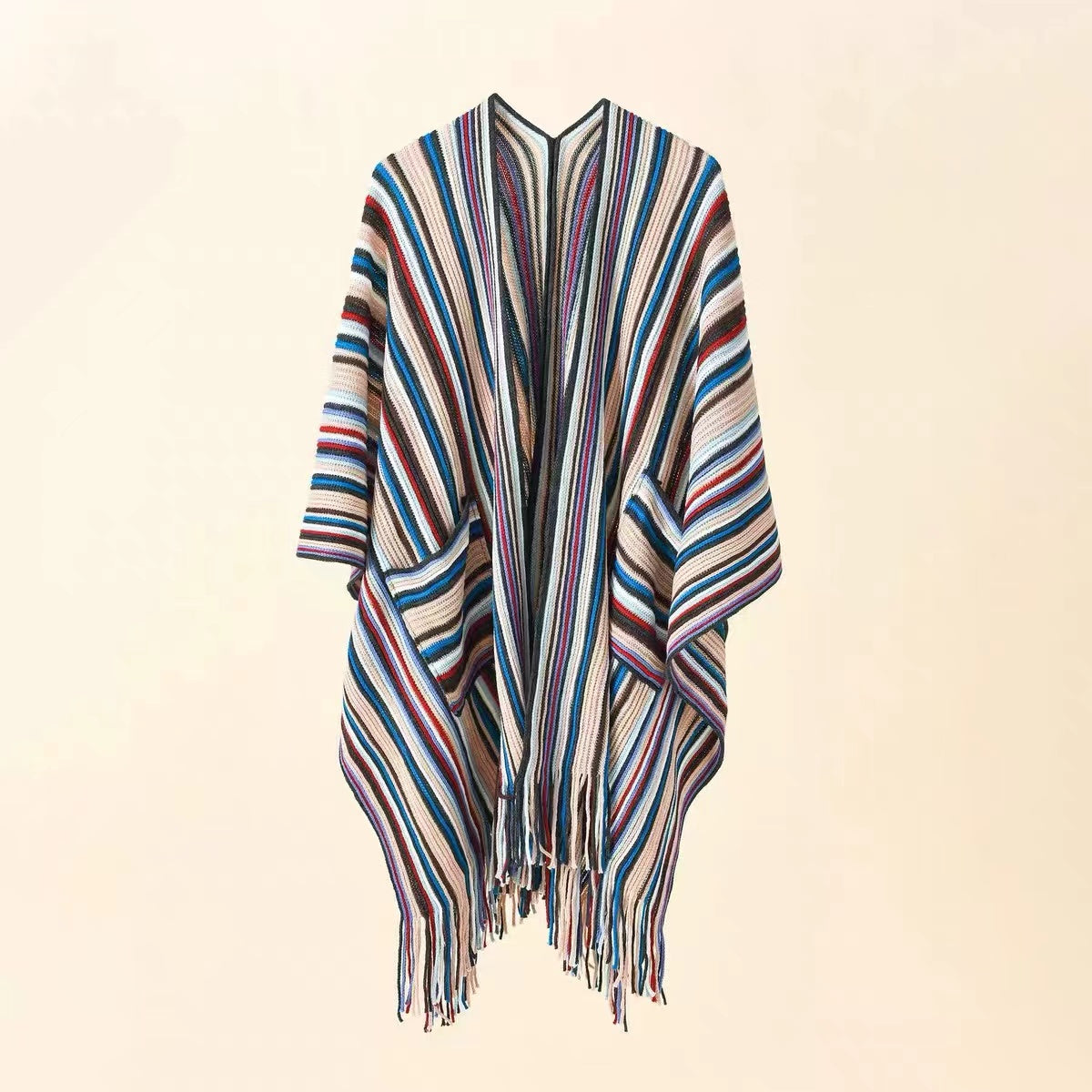 Casual Retro Colourful Stripe Hem Fringe Shawl