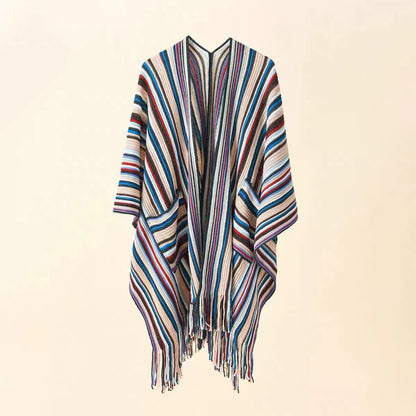 Casual Retro Colourful Stripe Hem Fringe Shawl