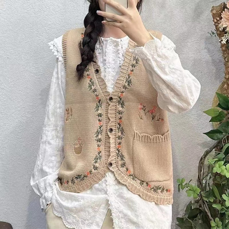 Embroidered Floral Cardigan Sweater Vest Outfit