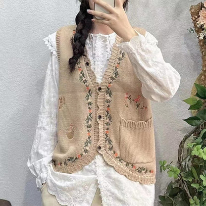 Embroidered Floral Cardigan Sweater Vest Outfit