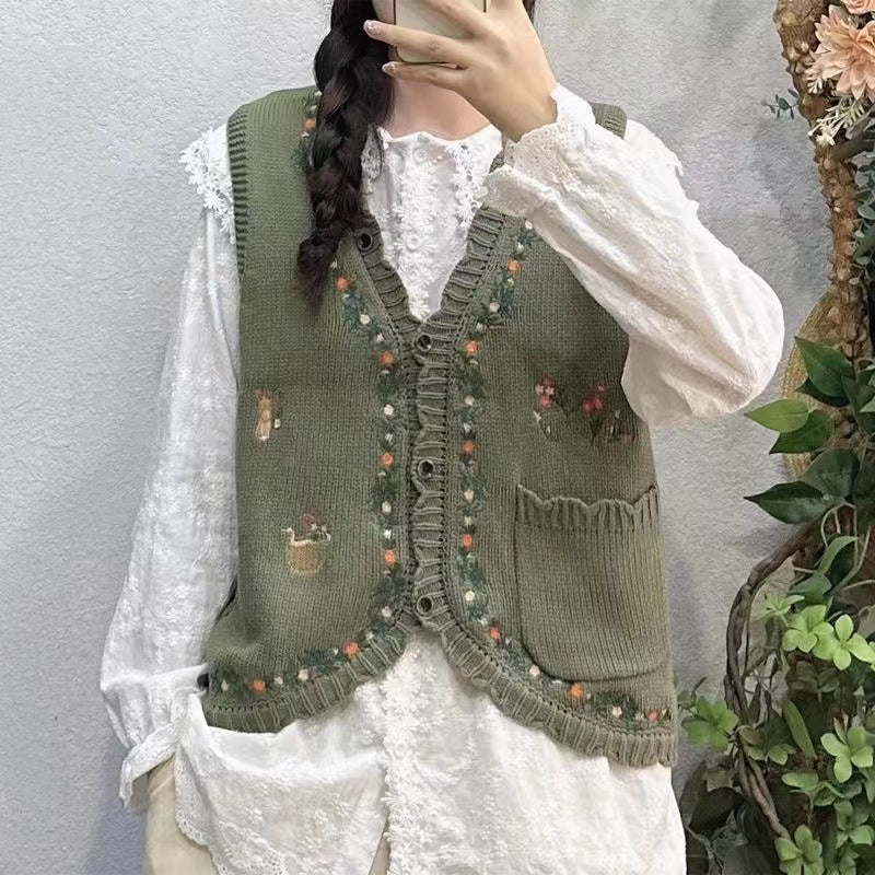 Embroidered Floral Cardigan Sweater Vest Outfit