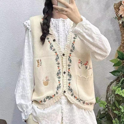 Embroidered Floral Cardigan Sweater Vest Outfit