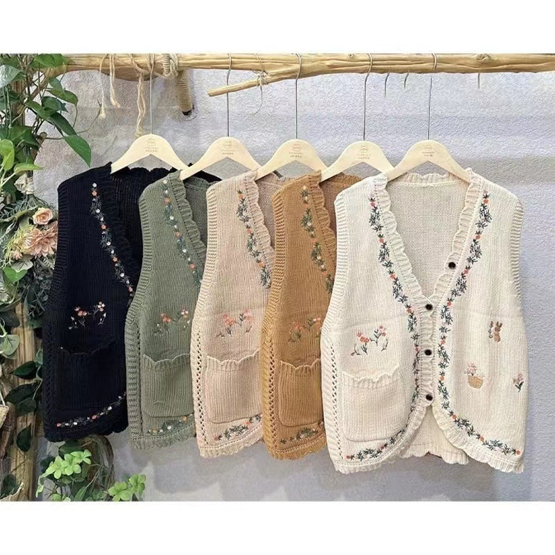 Embroidered Floral Cardigan Sweater Vest Outfit