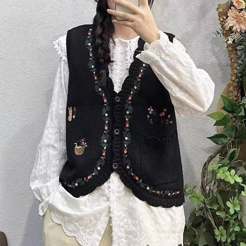 Embroidered Floral Cardigan Sweater Vest Outfit