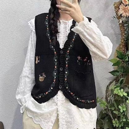 Embroidered Floral Cardigan Sweater Vest Outfit