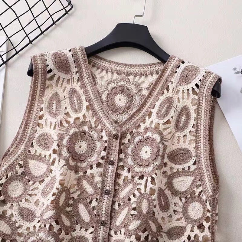 Vintage Embroidered Floral Knitted Vest Short Jacket