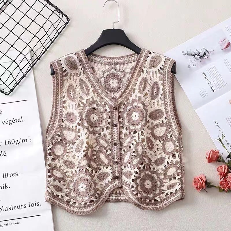 Vintage Embroidered Floral Knitted Vest Short Jacket