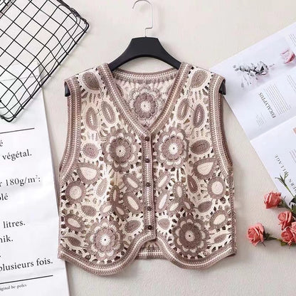 Vintage Embroidered Floral Knitted Vest Short Jacket