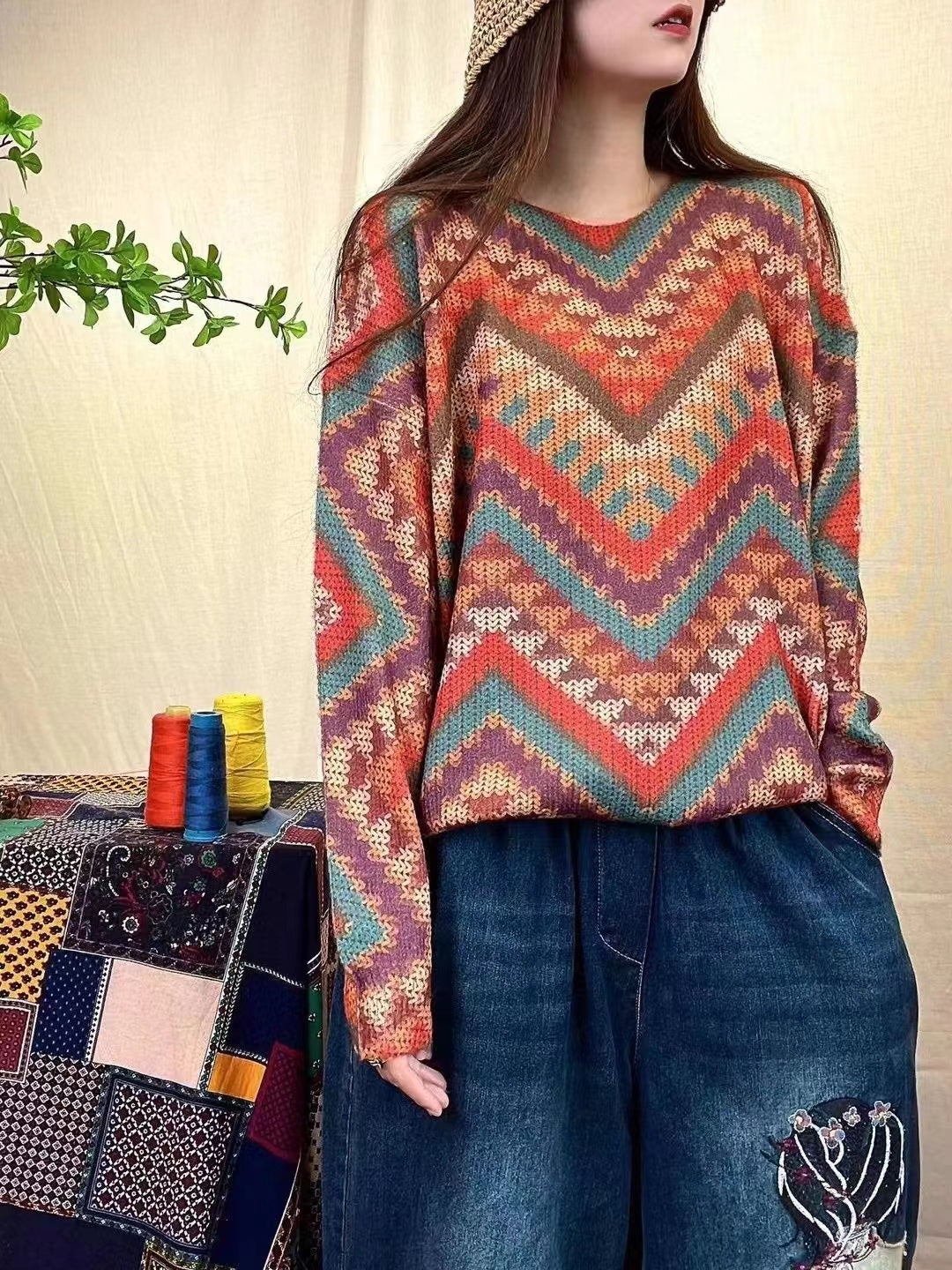 Loose Pullover Geometric Print Sweater