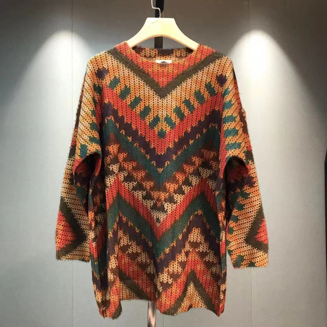 Loose Pullover Geometric Print Sweater