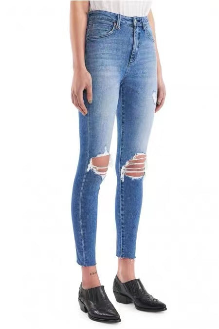 Mid-Rise Skinny Slim Raw Edge Ripped Jeans