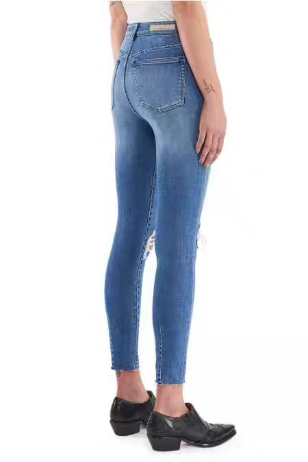 Mid-Rise Skinny Slim Raw Edge Ripped Jeans