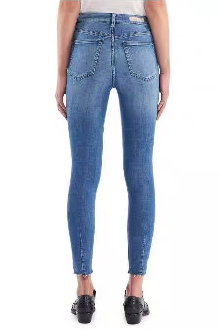 Mid-Rise Skinny Slim Raw Edge Ripped Jeans