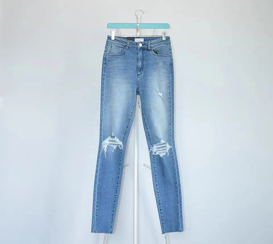 Mid-Rise Skinny Slim Raw Edge Ripped Jeans