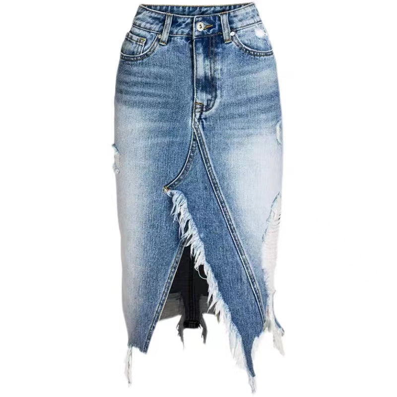Mid Waist Split Fringe Ripped Half-body Denim Skirt