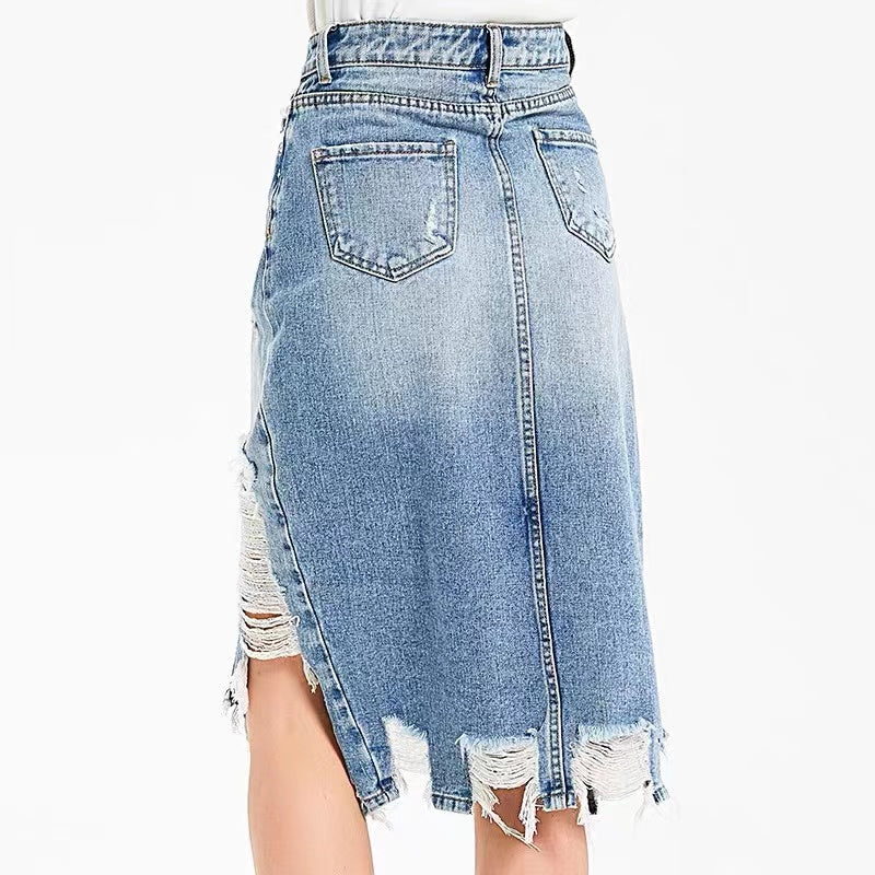 Mid Waist Split Fringe Ripped Half-body Denim Skirt