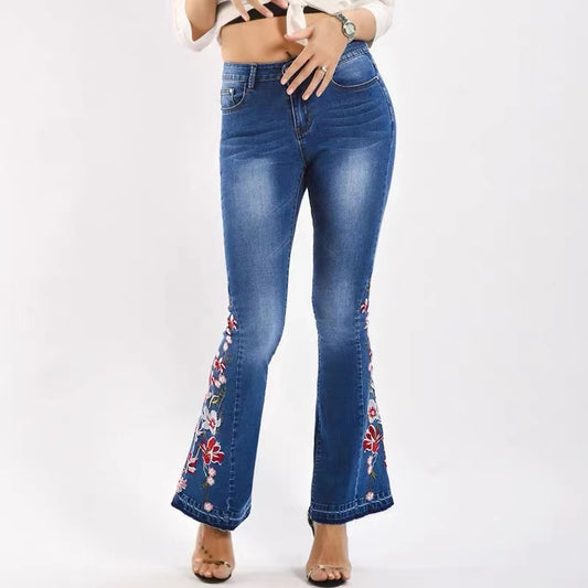Mid-Rise Slim Fit Embroidered Floral Flared Jeans