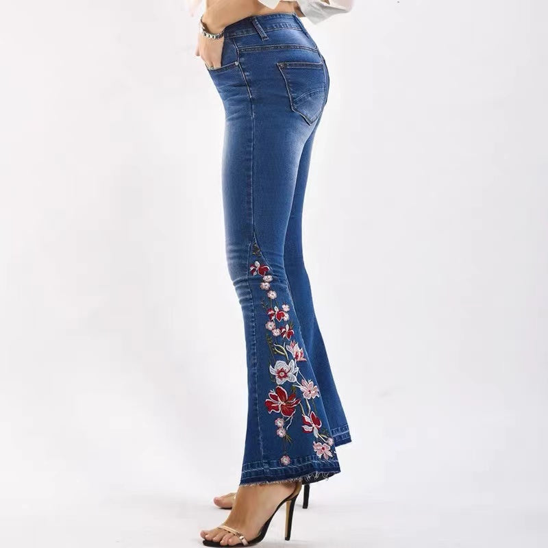 Mid-Rise Slim Fit Embroidered Floral Flared Jeans