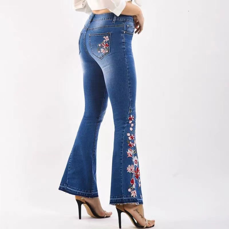 Mid-Rise Slim Fit Embroidered Floral Flared Jeans
