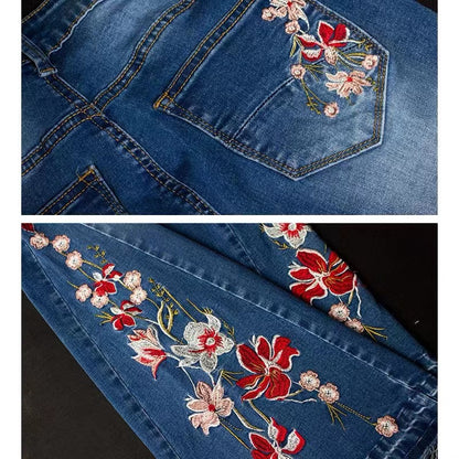 Mid-Rise Slim Fit Embroidered Floral Flared Jeans