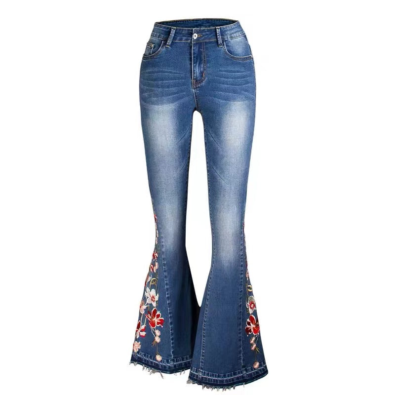 Mid-Rise Slim Fit Embroidered Floral Flared Jeans