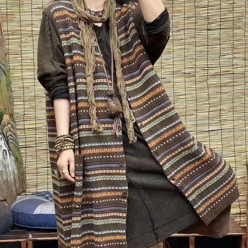 Loose Casual Striped Pocket Mid-Length Vest Sweater