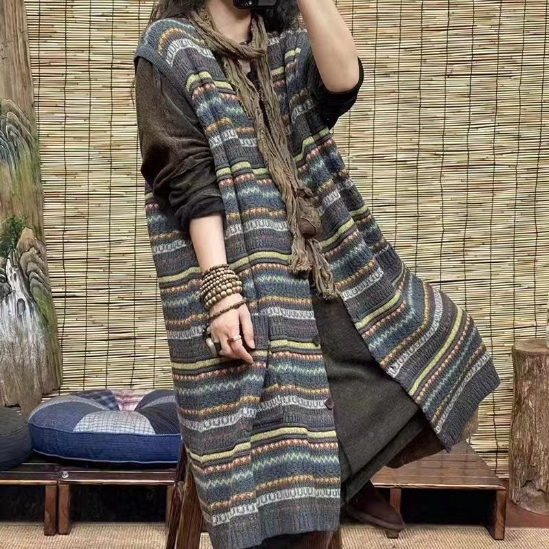 Loose Casual Striped Pocket Mid-Length Vest Sweater