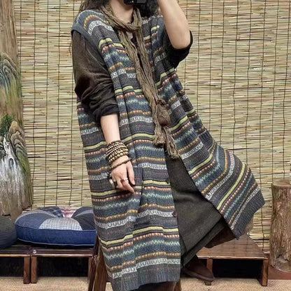 Loose Casual Striped Pocket Mid-Length Vest Sweater