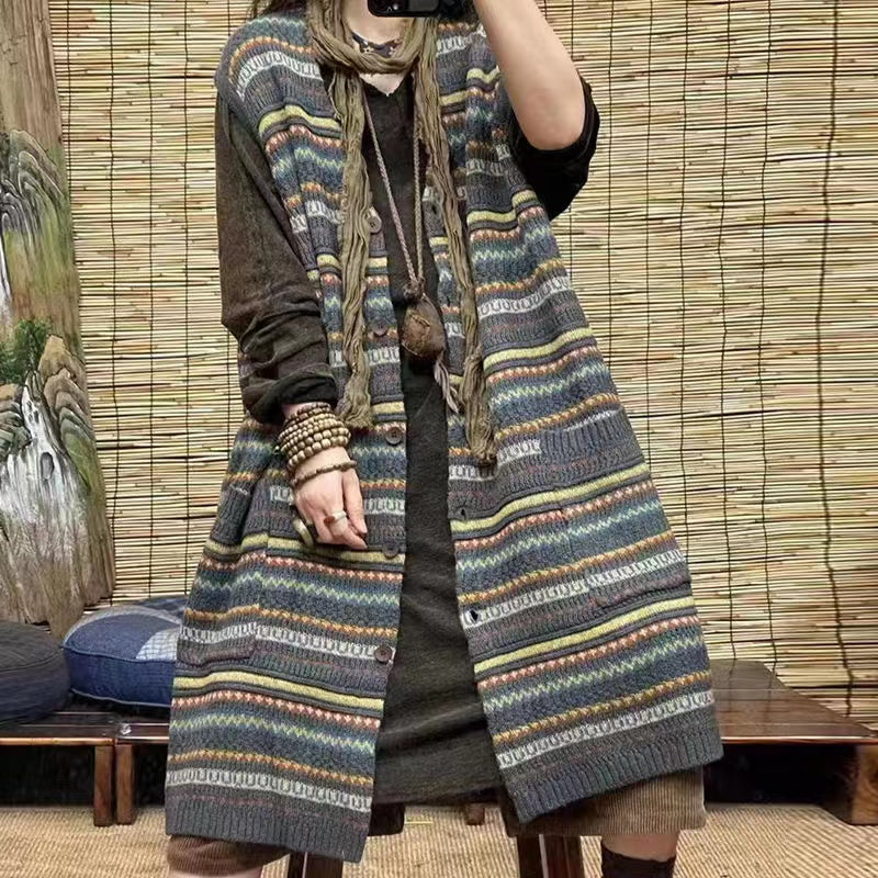 Loose Casual Striped Pocket Mid-Length Vest Sweater