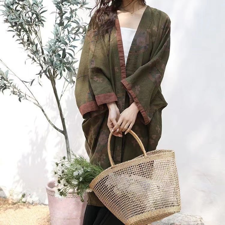 Bohemian Cotton Linen Print Large Pockets Mid-Length