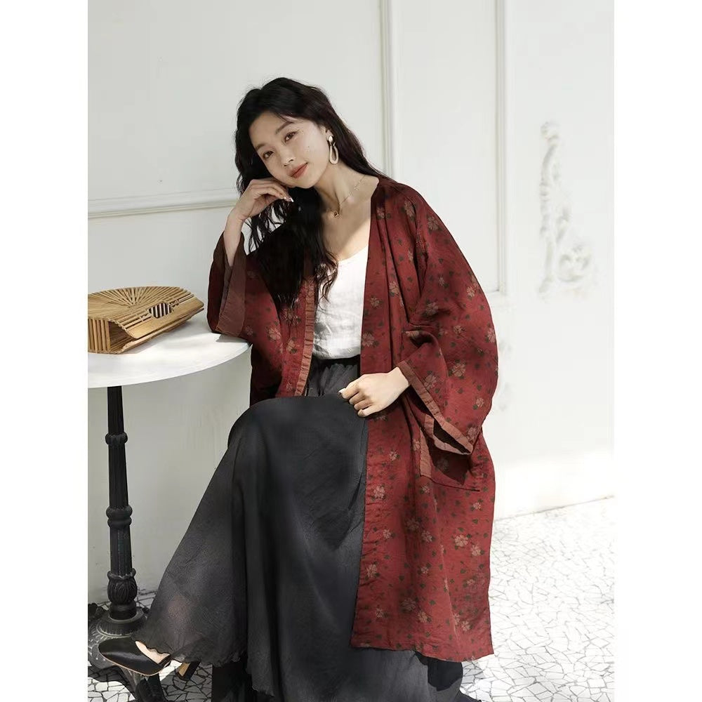 Bohemian Cotton Linen Print Large Pockets Mid-Length