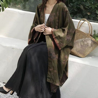 Bohemian Cotton Linen Print Large Pockets Mid-Length
