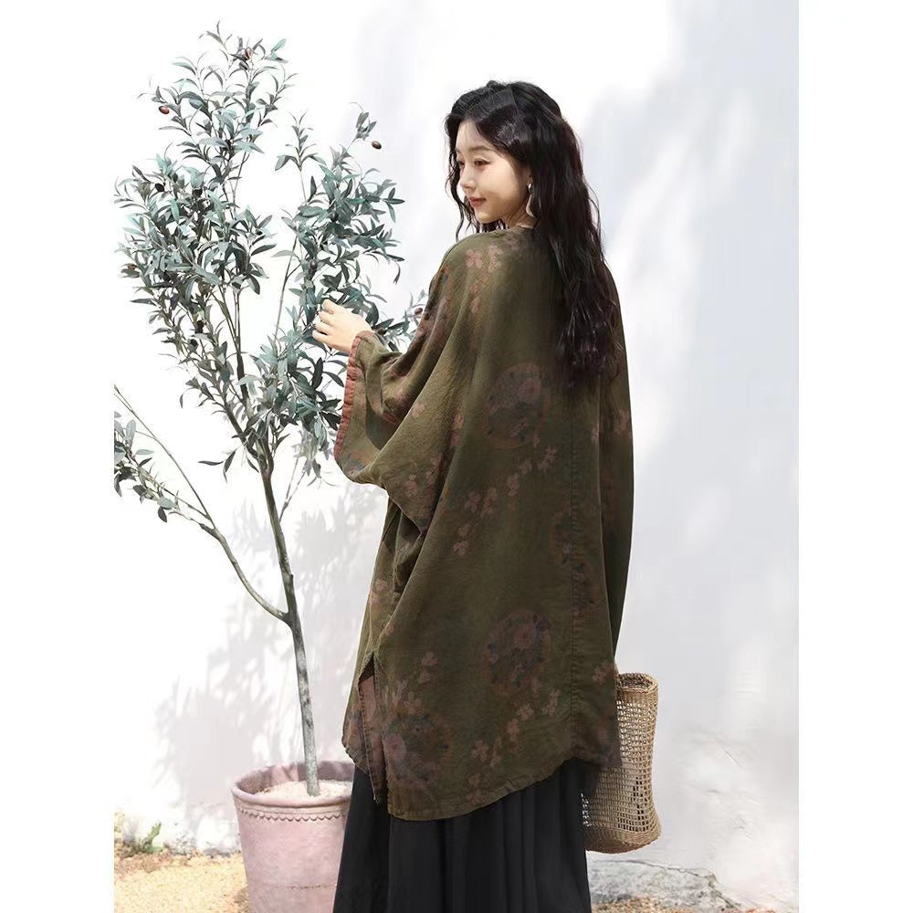 Bohemian Cotton Linen Print Large Pockets Mid-Length