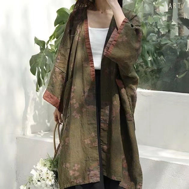 Bohemian Cotton Linen Print Large Pockets Mid-Length